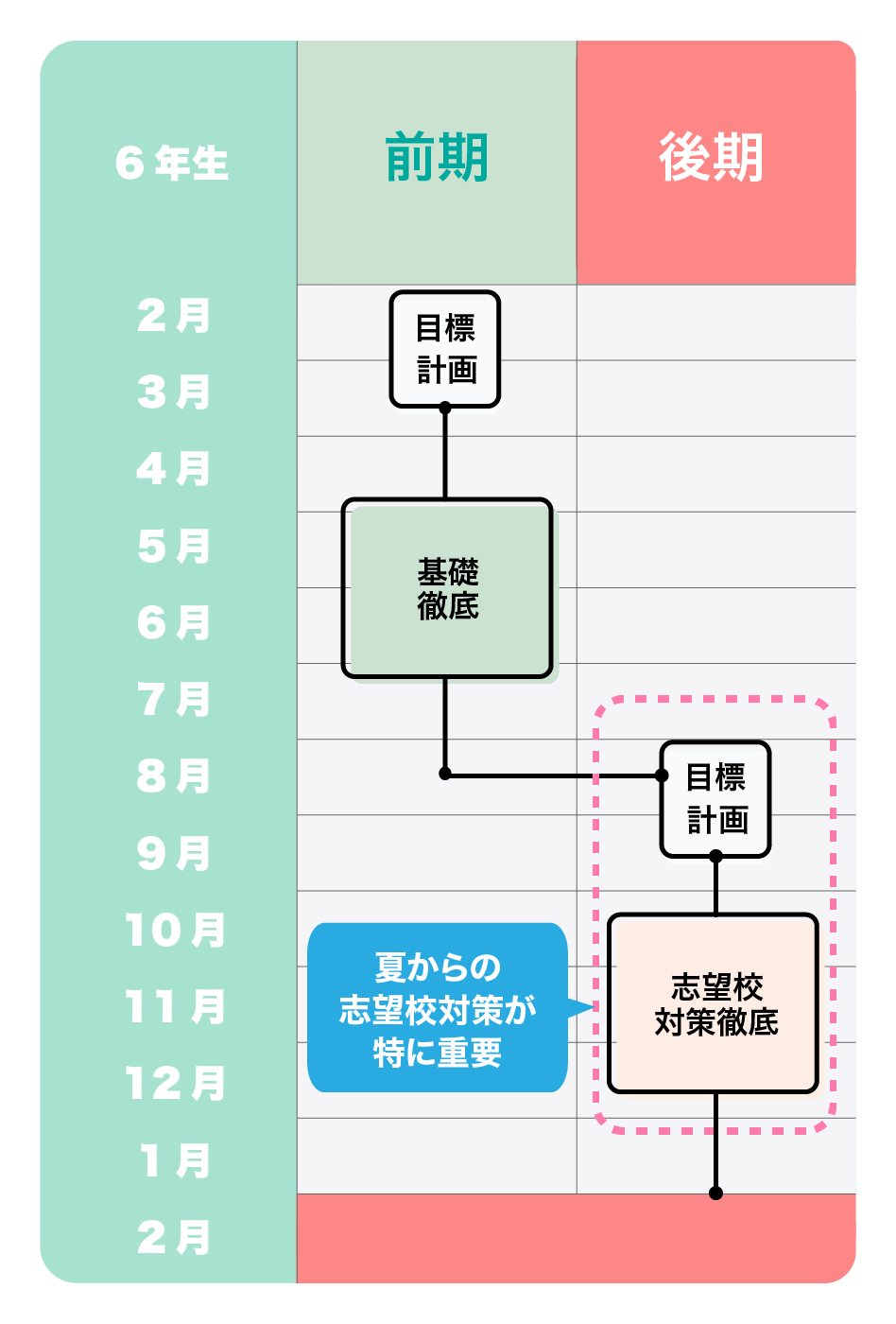 年間スケジュール図：6年生前期（基礎徹底）、後期（志望校徹底）
